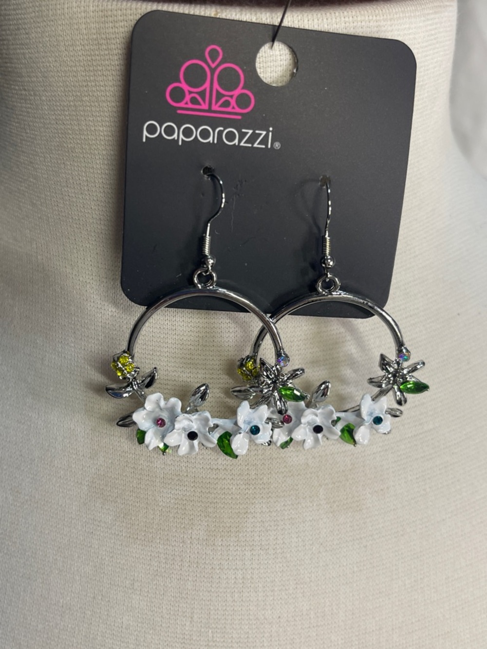 Paparazzi Silver Hoop Earrings with White Flowers and Green Leaves